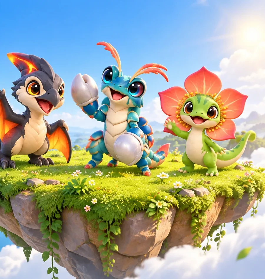 Sootling, Jabble and Frillbud, the three starter Islings, waving from a floating island
